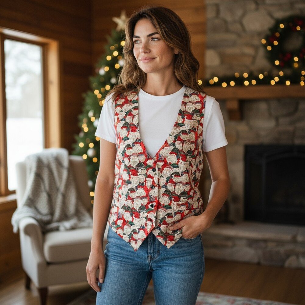 111 Main L/XL Vintage 80s Santa Christmas Vest Red Holiday Novelty Waistcoat